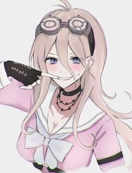  antenna_hair barbed_wire blonde_hair breasts choker danganronpa_(series) danganronpa_v3:_killing_harmony female finger_to_mouth fingerless_gloves gloves goggles goggles_on_head hair_between_eyes iruma_miu large_breasts long_hair long_sleeves pink_shirt shima_(fm_90mhz) shirt smile teeth 