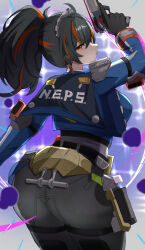  absurdres ass black_gloves black_hair blue_jacket closed_mouth cowboy_shot female from_behind gloves gun hair_between_eyes high-waist_pants highres holding holding_gun holding_weapon jacket looking_at_viewer looking_back metal_hairband multicolored_hair pants peli_cantaro police police_uniform policewoman ponytail red_eyes red_hair side_ponytail sidelocks solo standing streaked_hair tight_clothes tight_pants two-tone_hair uniform weapon zenless_zone_zero zhu_yuan 