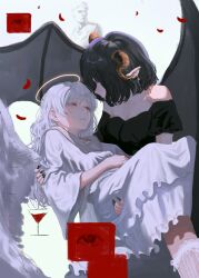  2girls absurdres angel angel_wings bare_shoulders bat_wings black_hair black_nails black_shirt breasts carrying carrying_person cleavage cup drinking_glass eyeball fingernails halo highres horns kyano_(kyanora3141) lace_socks long_fingernails long_hair long_skirt looking_at_another marble_(stone) marble_sculpture medium_breasts medium_hair multiple_girls off-shoulder_shirt off_shoulder orange_horns original petals pointy_ears princess_carry red_eyes shirt skirt socks traditional_halo wavy_hair white_background white_hair white_shirt white_skirt white_socks white_wings wine_glass wings yellow_halo 