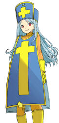  arrow_(symbol) blue_eyeshadow blue_hair blue_hat boots commentary_request dragon_quest dragon_quest_iii eyelashes eyeshadow female gloves hat highres long_hair looking_at_viewer makeup mitre muramasa_mikado priest_(dq3) red_eyes simple_background smile solo standing white_background yellow_footwear yellow_gloves 