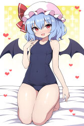  :d bat_wings black_wings blue_hair blue_one-piece_swimsuit breasts collarbone commentary_request covered_navel female gradient_background hat highres looking_at_viewer mob_cap oerba_yun_fang one-piece_swimsuit open_mouth polka_dot polka_dot_background red_eyes remilia_scarlet rizento school_swimsuit short_hair sitting small_breasts smile solo swimsuit thighs touhou wariza white_hat wings yellow_background 