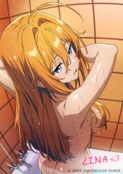  absurdres ahoge artist_name ass bathroom bathtub blue_eyes breasts butt_crack character_name faucet female from_above from_behind hair_censor highres long_hair medium_breasts nude open_mouth orange_hair original panties showering sksource topless underwear water wet wet_clothes wet_panties white_panties 