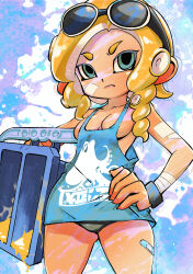  absurdres blue_shirt breasts commentary_request drill_hair eyewear_on_head female frown hand_on_own_hip highres large_breasts long_hair muramasa_mikado octoling octoling_girl octoling_player_character print_shirt shirt sleeveless sleeveless_shirt solo splatoon_(series) splatoon_3 standing sunglasses tentacle_hair thick_eyebrows thighs tri-slosher_(splatoon) twin_drills 