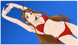  antenna_hair armpits arms_up bikini blue_background blush breasts brown_eyes brown_hair cleavage female large_breasts long_hair looking_at_viewer love_hina narusegawa_naru ojipon own_hands_together red_bikini side-tie_bikini_bottom simple_background smile solo stretching swimsuit very_long_hair 