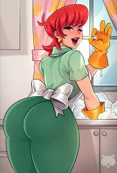  apron artist_logo ass ass_focus curtains dexter&#039;s_laboratory earrings female gloves green_pants green_shirt highres huge_ass indoors jewelry josephwolf kitchen looking_at_viewer looking_back mom_(dexter&#039;s_laboratory) ok_sign one_eye_closed open_mouth orange_hair pants shirt short_sleeves solo sphere_earrings white_apron yellow_gloves 