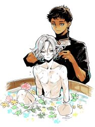  2boys bags_under_eyes bathing black_eyes black_hair blue_eyes brushing_another&#039;s_hair brushing_hair curly_hair dark-skinned_male dark_skin dungeon_meshi elf grey_hair hand_in_another&#039;s_hair holding holding_brush kabru lazy_eye leaf male_focus mithrun multiple_boys multiple_scars nobicco notched_ear nude partially_submerged pointy_ears scar shirt short_hair simple_background sitting skinny smile turtleneck uneven_eyes wavy_hair wet white_background wooden_bathtub 