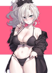  bare_shoulders bikini black_bikini black_shirt blush breasts cleavage collarbone collared_shirt fate/grand_order fate_(series) female grey_eyes highres kriemhild_(fate) large_breasts long_hair long_sleeves looking_at_viewer mole mole_under_eye navel off_shoulder onsoku_inu shirt solo swimsuit thighs white_hair 