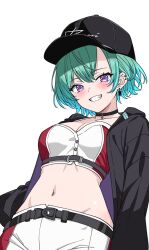  baseball_cap belt black_belt black_choker black_hat black_jacket blush breasts bustier chest_belt choker cleavage clothes_writing commentary_request crop_top dangle_earrings earrings female green_hair grin groin hat highres jacket jewelry looking_at_viewer marble_(ta55476457) medium_breasts midriff navel official_alternate_costume open_clothes open_jacket pants purple_eyes red_bustier red_pants short_hair simple_background smile solo teeth two-tone_bustier two-tone_pants vspo! white_background white_bustier white_pants yakumo_beni yakumo_beni_(4th_costume) 