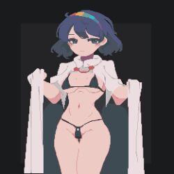  4qw5 bikini black_background black_bikini blue_eyes blue_hair blush breasts cape cleavage closed_mouth female hairband looking_at_viewer medium_breasts micro_bikini multicolored_hairband navel pixel_art simple_background solo swimsuit tenkyuu_chimata touhou white_cape 