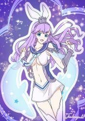  absurdres aqua_eyes armor armored_gloves breasts collarbone delphinus_yukino_(saint_seiya:_rising_cosmo) female fingerless_gloves gloves headband highres long_hair navel purple_hair ramo_cc_gale sailor_collar saint_seiya saint_seiya:_rising_cosmo skirt socks solo sparkle white_skirt white_socks 