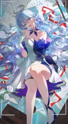  absurdres aqua_eyes bare_shoulders battery_indicator blue_footwear blue_hair bracelet breasts buri_(retty9349) cleavage collarbone commentary dress feathered_wings female flower gloves hair_spread_out halo hashtag-only_commentary head_tilt head_wings highres honkai:_star_rail honkai_(series) jewelry light_blue_hair long_hair looking_at_viewer lying medium_breasts mole mole_under_eye on_back open_mouth pearl_bracelet recording red_ribbon ribbon robin_(honkai:_star_rail) rose sheet_music solo strapless strapless_dress very_long_hair viewfinder wavy_hair white_flower white_gloves white_rose white_wings wings 