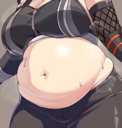  alternate_body_size breasts close-up commentary_request female grace_howard grey_background highres kukuru large_breasts navel plump simple_background solo sweat thick_thighs thighs zenless_zone_zero zipper zipper_pull_tab 