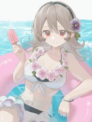  bikini black_bikini black_hairband bracelet breasts closed_mouth collarbone corrin_(female)_(fire_emblem) corrin_(fire_emblem) female fire_emblem fire_emblem_fates flower flower_bracelet flower_necklace food frilled_bikini frills front-tie_bikini_top front-tie_top grey_hair hair_flower hair_ornament hairband hashtag-only_commentary highres holding holding_food holding_popsicle jewelry long_hair looking_at_viewer medium_breasts navel partially_submerged pink_flower pink_innertube popsicle red_eyes sitting smile solo split_mouth swimsuit two-tone_bikini upper_body water white_background white_bikini yun_(dl2n5c7kbh8ihcx) 