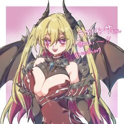  ayuthi007 black_horns black_wings blonde_hair blush breasts demon_girl demon_horns demon_wings dress duel_monster earrings female fur-trimmed_dress fur_trim hair_between_eyes heart heart_earrings horns jewelry lacrima_the_scarlet_sorrow large_breasts long_hair multicolored_hair open_mouth pink_eyes pink_hair pointy_ears red_dress smile solo teeth twitter_username two-tone_hair two_side_up upper_body upper_teeth_only wings yu-gi-oh! 