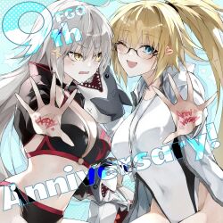  2girls ahoge anger_vein bare_shoulders bikini black_bikini black_gloves black_jacket blonde_hair blue_eyes blush breasts choker cleavage collarbone covered_navel cropped_jacket fate/grand_order fate_(series) glasses gloves grey_hair high_ponytail highleg highleg_one-piece_swimsuit highres jacket jeanne_d&#039;arc_(fate) jeanne_d&#039;arc_(swimsuit_archer)_(fate) jeanne_d&#039;arc_(swimsuit_archer)_(second_ascension)_(fate) jeanne_d&#039;arc_alter_(fate) jeanne_d&#039;arc_alter_(swimsuit_berserker)_(fate) kino_kokko large_breasts long_hair long_sleeves multiple_girls navel o-ring o-ring_bikini one-piece_swimsuit one_eye_closed open_mouth outstretched_arm red_thighhighs shark shrug_(clothing) single_thighhigh smile swimsuit thigh_strap thighhighs very_long_hair white_jacket white_one-piece_swimsuit yellow_eyes 