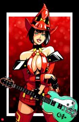  :p bare_shoulders black_border black_choker black_hair boots border breasts choker chris_re5 cleavage electric_guitar female fingerless_gloves gloves guilty_gear guilty_gear_xrd guitar hat highres holding holding_guitar holding_instrument i-no instrument large_breasts looking_at_viewer mole mole_above_mouth o-ring o-ring_top red_footwear red_hat red_leather red_lips short_hair solo thigh_boots tongue tongue_out witch_hat 