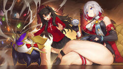  2girls black_gloves black_hair black_shirt black_shorts black_skirt blue_eyes breasts commentary_request crossed_legs crossover cup elbow_gloves fate/stay_night fate_(series) gem gloves guest_art highres holding holding_cup honkai:_star_rail honkai_(series) large_breasts long_hair melon22 miniskirt mole mole_on_thigh multicolored_hair multiple_girls numby_(honkai:_star_rail) red_hair red_sweater shirt short_hair shorts sitting skirt sweater teacup thigh_strap thighs tohsaka_rin topaz_(honkai:_star_rail) trotter_(honkai:_star_rail) twintails two-tone_hair 