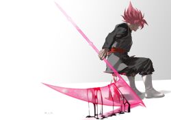  1boy black_pants black_shirt blood blood_on_weapon boots closed_mouth commentary_request dougi dragon_ball dragon_ball_super goku_black highres holding holding_scythe holding_weapon invisible_chair ksuke_(k-taro31) long_sleeves male_focus outstretched_arm pants pink_hair scythe shirt sitting solo spiked_hair super_saiyan super_saiyan_rose weapon white_boots 