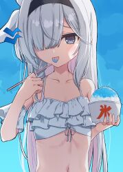  alternate_costume bikini black_eyes black_hairband blue_archive blue_tongue braid brain_freeze colored_inner_hair colored_tongue commentary_request eating female flat_chest food frilled_bikini frills hair_over_one_eye hairband highres long_hair looking_at_viewer multicolored_hair navel otea_cha partial_commentary pink_hair plana_(blue_archive) red_pupils ribbon shaved_ice single_braid solo swimsuit white_bikini white_hair white_ribbon 