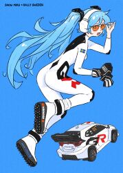  adjusting_eyewear ass black_hairband blue_background blue_hair blue_nails bodysuit boots breasts car cleats english_commentary english_text floating_hair from_behind full_body gloves hair_ornament hairband hatsune_miku headphones highres holding holding_gloves holding_unworn_clothes japanese_flag kneehighs leaning_forward logo long_hair looking_at_viewer medium_breasts motor_vehicle open_mouth orange-tinted_eyewear race_vehicle racecar racing_suit shiny_clothes simple_background single_glove skin_tight smile socks sunglasses swedish_flag tinted_eyewear toyota_gazoo_racing toyota_gr_yaris toyota_yaris truffleduster twintails unworn_gloves very_long_hair vocaloid white_bodysuit white_boots white_car white_headphones world_rally_championship 