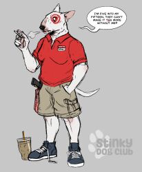 anthro beverage black_clothing black_footwear black_nose black_shoes black_sneakers bottomwear breasts bull_terrier bullseye canid canine canis cargo_shorts cigarette claws clothing collared_shirt complaining container cup digital_media_(artwork) disposable_cup domestic_dog drinking_straw english_text exhaling_smoke eyebrow_piercing facial_piercing female footwear grey_background gun hand_in_pocket holding_cigarette holding_object hunting_dog iced_coffee jeepers-sheepers mammal medium_breasts name_tag pawpads piercing pockets ranged_weapon red_clothing red_shirt red_topwear shirt shoelaces shoelaces_untied shoes shorts simple_background smoking sneakers solo speech_bubble tail target_corporation terrier text topwear weapon white_body 