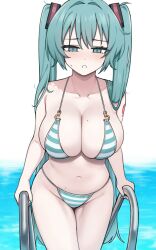  alternate_breast_size alternate_costume aqua_bikini aqua_eyes aqua_hair aqua_nails bikini blush breasts cleavage climbing collarbone commentary female frown hair_ornament hatsune_miku highres large_breasts long_hair looking_at_viewer mole mole_on_stomach multicolored_bikini multicolored_clothes nago_purin navel number_tattoo pool sidelocks solo sweatdrop swimsuit symbol-only_commentary tattoo twintails vocaloid white_bikini 