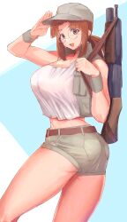  belt blue_background breasts brown_belt brown_eyes brown_hair brown_hat brown_shorts brown_vest commentary_request cowboy_shot crop_top female fio_germi from_side glasses gun gun_on_back gun_sling hat highres huge_breasts long_hair looking_at_viewer madsensei metal_slug midriff oekaki open_clothes open_mouth open_vest ponytail popped_collar round_eyewear salute shorts shotgun sidelocks smile solo standing tank_top thighs twisted_torso two-tone_background vest weapon weapon_on_back white_tank_top wristband 