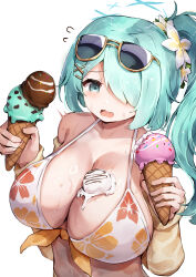  aqua_hair bikini blue_archive blush breasts eyewear_on_head female floral_print_bikini flower food food_on_body hair_flower hair_ornament hair_over_one_eye halo highres hiyori_(blue_archive) hiyori_(swimsuit)_(blue_archive) huge_breasts ice_cream ice_cream_cone long_hair multicolored_bikini multicolored_clothes official_alternate_costume open_mouth orange_bikini se-u-ra side_ponytail simple_background solo sunglasses swimsuit white_bikini 