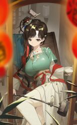  absurdres bamboo bare_legs black_eyes black_hair blurry blurry_foreground breasts chinese_clothes chinese_hairpin cropped cup dangoose dipper feet_out_of_frame female from_above from_outside green_shirt hair_bun hair_ornament hanfu highres holding holding_cup holding_spoon jewelry jiu_niangzi lantern large_breasts lattice layered_sleeves liquid long_hair long_sleeves looking_at_viewer lying necklace on_side paper_lantern red_shawl reverse:1999 shawl shirt short_over_long_sleeves short_sleeves single_side_bun skirt smile solo spoon statuette tassel tassel_hair_ornament underbust white_sleeves window yellow_skirt 