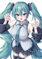  :d aqua_eyes aqua_hair bare_shoulders black_thighhighs blush detached_sleeves female hair_between_eyes hatsune_miku highres long_hair looking_at_viewer metaljelly necktie oerba_yun_fang open_mouth pleated_skirt simple_background skirt smile solo thighhighs very_long_hair vocaloid white_background 