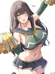  :d arms_up black_sailor_collar black_skirt black_thighhighs blunt_bangs blush breasts brown_hair cheerleader collarbone commission english_commentary female green_eyes green_shirt highres holding holding_pom_poms keenh long_hair looking_at_viewer medium_breasts midriff navel one_eye_closed original pom_pom_(cheerleading) sail sailor_collar shirt sidelocks simple_background skirt smile solo standing standing_on_one_leg thighhighs white_background 