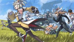  6+boys 6+girls animal_ears beard blue_sky cat_ears commentary_request crossed_arms dark-skinned_male dark_skin decoponmagi eunie_(xenoblade) facial_hair field fiona_(xenoblade) flute glasses grass head_wings highres instrument lanz_(xenoblade) manana_(xenoblade) mecha melia_antiqua mio_(xenoblade) miyabi_(xenoblade) multiple_boys multiple_girls nia_(xenoblade) noah_(xenoblade) nopon pantyhose playing_flute pointing riku_(xenoblade) robot running segiri_(xenoblade) sena_(xenoblade) sitting sky taion_(xenoblade) triton_(xenoblade) valdi_(xenoblade) wings xenoblade_chronicles_(series) xenoblade_chronicles_3 