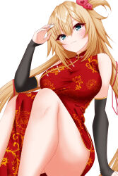  :3 absurdres akai_haato alternate_costume blonde_hair blue_eyes blush breasts china_dress chinese_clothes dress female hair_ornament hair_ribbon heart heart_hair_ornament highres hololive large_breasts long_hair looking_at_viewer red_dress red_ribbon ribbon sleeveless sleeveless_dress smile solo twintails tyama-tya virtual_youtuber 