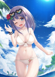  ;d aqua-tinted_eyewear bikini blue_eyes blue_sky blush breasts cleavage cloud collarbone day female floral_print flower hair_flower hair_ornament heart heart-shaped_eyewear hibiscus large_breasts looking_at_viewer medium_hair misora_(princess_connect!) misora_(summer)_(princess_connect!) multicolor-tinted_eyewear navel official_alternate_costume one_eye_closed open_mouth princess_connect! print_bikini purple_hair rainbow-tinted_eyewear red_flower side-tie_bikini_bottom sky smile solo swimsuit tinted_eyewear tongue umarutsufuri white_bikini 