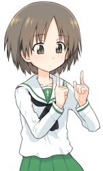  blush brown_eyes brown_hair collarbone female girls_und_panzer highres maruyama_saki monolith_(suibou_souko) ooarai_school_uniform school_uniform short_hair simple_background solo upper_body white_background 