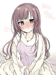  baran._(ba_ra_ran) blush breasts camisole cardigan cleavage closed_mouth collarbone commentary_request countdown female flower flower_necklace full-face_blush highres idolmaster idolmaster_cinderella_girls igarashi_kyoko jitome looking_at_viewer medium_breasts open_cardigan open_clothes oversized_clothes pout puff_of_air purple_camisole simple_background solo strap_slip white_background yellow_cardigan 