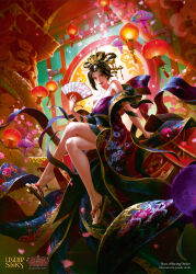  absurdres architecture artist_name bare_shoulders black_hair breasts company_name copyright_name crossed_legs dragon_hair_ornament earrings east_asian_architecture facing_viewer fanning_self feet female flesh_and_blood floral_print_dress full_body geta hair_ornament hand_fan highres holding jessada_sutthi jewelry lantern legs looking_at_viewer nuu_(flesh_and_blood) official_art paper_lantern red_eyes sandals short_hair sitting solo toenails toes 