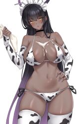  absurdres animal_print bikini black_hair blue_archive blush breasts cleavage cow_print cow_print_bikini cow_print_gloves cow_print_thighhighs crimecrime elbow_gloves female fingerless_gloves food_on_body gloves halo hand_on_own_hip highres icing karin_(blue_archive) large_breasts looking_at_viewer maid_headdress navel print_bikini print_gloves print_thighhighs purple_nails simple_background solo standing swimsuit thighhighs white_background white_bikini white_thighhighs yellow_eyes 