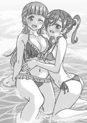  2girls ass bikini braid breasts frilled_bikini frills greyscale hair_bun hand_on_another&#039;s_stomach hug large_breasts long_hair looking_at_viewer love_live! love_live!_superstar!! marugoshi_teppei midriff monochrome multiple_girls navel ocean one_eye_closed partially_submerged sakurakoji_kinako single_side_bun small_breasts smile swimsuit thighs twin_braids yoneme_mei yuri 