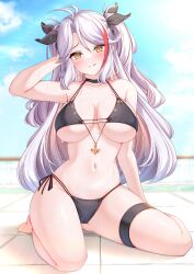  absurdres antenna_hair arm_behind_head arm_up ass_visible_through_thighs azur_lane bare_arms bare_legs bare_shoulders barefoot bikini black_bikini black_choker black_ribbon breasts choker collarbone commentary_request female full_body grey_hair groin hair_ribbon highres large_breasts long_hair looking_at_viewer moyoron multicolored_hair navel parted_bangs prinz_eugen_(azur_lane) prinz_eugen_(unfading_smile)_(azur_lane) red_hair ribbon skindentation solo streaked_hair swimsuit thigh_strap tile_floor tiles two_side_up very_long_hair 