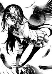  absurdres akemi_homura akuma_homura breasts dutch_angle earrings evil_smile feathered_wings feathers female floating_hair fukushima_masayasu greyscale hair_ribbon half-closed_eyes hand_in_own_hair hand_on_own_knee highres jewelry leaning leaning_forward light_smile loafers long_hair long_sleeves mahou_shoujo_madoka_magica mahou_shoujo_madoka_magica:_hangyaku_no_monogatari mitakihara_school_uniform monochrome neck_ribbon open_mouth pantyhose plaid_clothes plaid_skirt pleated_skirt ribbon school_uniform shoes simple_background single_earring skirt small_breasts smile standing standing_on_liquid standing_on_one_leg straight_hair uniform white_background wings 