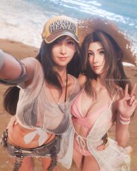  2girls aerith_gainsborough aerith_gainsborough_(sunny_robe) arm_around_waist baseball_cap bikini bikini_under_clothes black_bikini black_hair breasts brown_eyes brown_hair cleavage crop_top elbow_pads final_fantasy final_fantasy_vii final_fantasy_vii_ever_crisis fingerless_gloves frayed_skirt front-tie_top gloves green_eyes hat highres large_breasts looking_at_viewer medium_breasts miniskirt multiple_girls official_alternate_costume official_alternate_hairstyle pink_bikini ria_(baka-neearts) see-through see-through_shirt selfie shirt single_elbow_pad skirt smile straw_hat swimsuit tan tanlines teardrop_earrings tifa_lockhart tifa_lockhart_(lifeguard) two-tone_headwear v wet wet_clothes wet_shirt whistle whistle_around_neck 