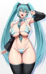  akitsuki_karasu aqua_bikini aqua_eyes aqua_hair aqua_nails aqua_necktie arm_tattoo armpits ass_visible_through_thighs between_breasts bikini black_thighhighs blush breasts cleavage commentary cowboy_shot detached_sleeves double-parted_bangs drop_shadow female grey_background hair_between_eyes hatsune_miku headset highleg highleg_bikini highres large_breasts long_hair looking_at_viewer meme_attire microphone miku_collar_bikini nail_polish navel necktie necktie_between_breasts number_tattoo oerba_yun_fang open_mouth simple_background skin_fang smile solo standing string_bikini striped_bikini striped_clothes swimsuit tattoo thigh_gap thighhighs tie_clip twintails two-tone_bikini v_over_eye very_long_hair vocaloid white_bikini wing_collar 