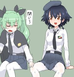  2girls anchovy_(girls_und_panzer) anzio_school_uniform black_hair black_necktie blush braid breasts brown_eyes cape check_translation closed_eyes drill_hair girls_und_panzer green_background green_hair hair_ribbon highres long_hair looking_at_another miniskirt monolith_(suibou_souko) multiple_girls necktie open_mouth pantyhose pepperoni_(girls_und_panzer) ribbon school_uniform simple_background skirt small_breasts smile translation_request white_pantyhose 