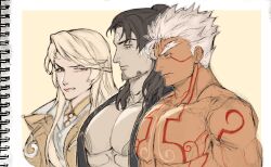  2boys asura&#039;s_wrath bara beard_stubble black_hair character_request dark-skinned_male dark_skin expressionless facial_hair female forked_eyebrows from_side girl_staring_at_guy&#039;s_chest_(meme) large_pectorals long_hair looking_at_another maruneia_art mature_male meme multiple_boys muscular muscular_male no_nipples pectorals profile short_hair spiked_hair stubble three_quarter_view upper_body white_hair 