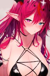  absurdres blue_eyes blush breasts cleavage female getto halo heterochromia highres hololive hololive_english horns irys_(hololive) large_breasts long_hair looking_at_viewer multicolored_hair pointy_ears pout purple_eyes red_hair simple_background solo star_halo streaked_hair virtual_youtuber white_background 