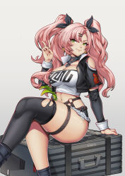  absurdres amillion_(zenless_zone_zero) arm_support artist_name bangboo_(zenless_zone_zero) belt black_belt black_jacket black_ribbon black_shorts black_thighhighs breasts cleaning closed_mouth clothing_cutout crop_top cropped_jacket crossed_legs cutoffs earrings feet_out_of_frame female green_eyes hair_ornament hair_ribbon hairclip hand_up heart heart_necklace highres jacket jewelry large_breasts long_hair looking_at_viewer micro_shorts mole mole_under_eye navel necklace nicole_demara o-ring open_clothes open_jacket pink_hair ribbon shorts shoulder_cutout simple_background single_thighhigh sitting smile solo sphere_earrings strapless thigh_strap thighhighs torn_clothes torn_thighhighs tre_artz tube_top two_side_up v white_tube_top zenless_zone_zero 