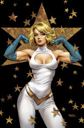  black_gloves blonde_hair blue_eyes bodysuit breasts cleavage cleavage_cutout clenched_hands clothing_cutout dc_comics elbow_gloves female flexing freckles gloves highres looking_at_viewer medium_breasts power_girl short_hair solo star_(symbol) superman_(series) urbanbarbarian white_bodysuit 