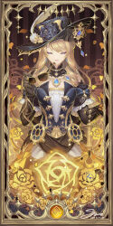  artist_name black_bow black_dress black_flower black_gloves black_hat black_sleeves blonde_hair blue_gemstone bow breasts chinese_commentary closed_eyes commentary_request dated detached_sleeves dress drill_hair english_commentary female flower gem genshin_impact geo_symbol_(genshin_impact) gloves gold_border hand_up hat hat_bow hat_feather hat_flower highres holding holding_removed_eyewear jewelry kanmai_x_sou long_hair long_sleeves medium_breasts mixed-language_commentary navia_(genshin_impact) necklace sample_watermark ship&#039;s_wheel_ornament sleeveless sleeveless_dress smile solo strapless strapless_dress thighlet thighs tinted_eyewear unworn_eyewear very_long_hair watermark yellow-framed_eyewear yellow_bow yellow_flower 