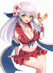  absurdres bikini bird bird_on_hand blue_ribbon breasts bridal_gauntlets cleavage female fire_emblem fire_emblem:_radiant_dawn fire_emblem_heroes flower frilled_bikini frills gloves gonzarez hair_flower hair_ornament hair_ribbon highres large_breasts long_hair looking_at_viewer micaiah_(fire_emblem) micaiah_(summer)_(fire_emblem) navel official_alternate_costume partially_submerged red_bikini red_gloves revision ribbon sitting smile solo swimsuit thighs white_background yellow_eyes yune_(fire_emblem) 